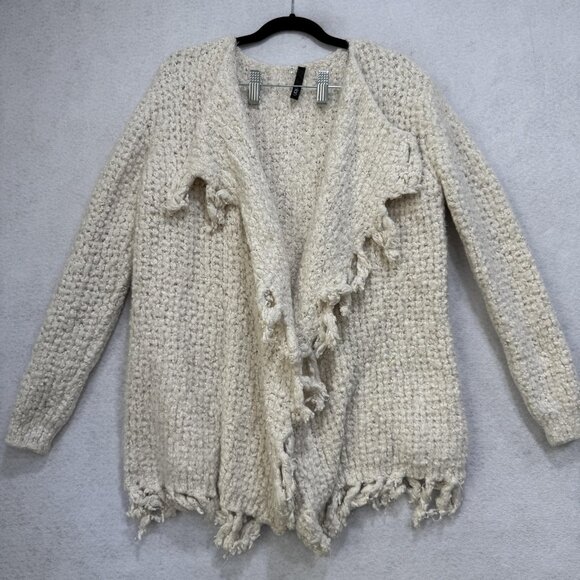 Elan Sweater Womens Large Chunky Knit Boucle Open Front Fringe Cardigan Cozy - Picture 1 of 9
